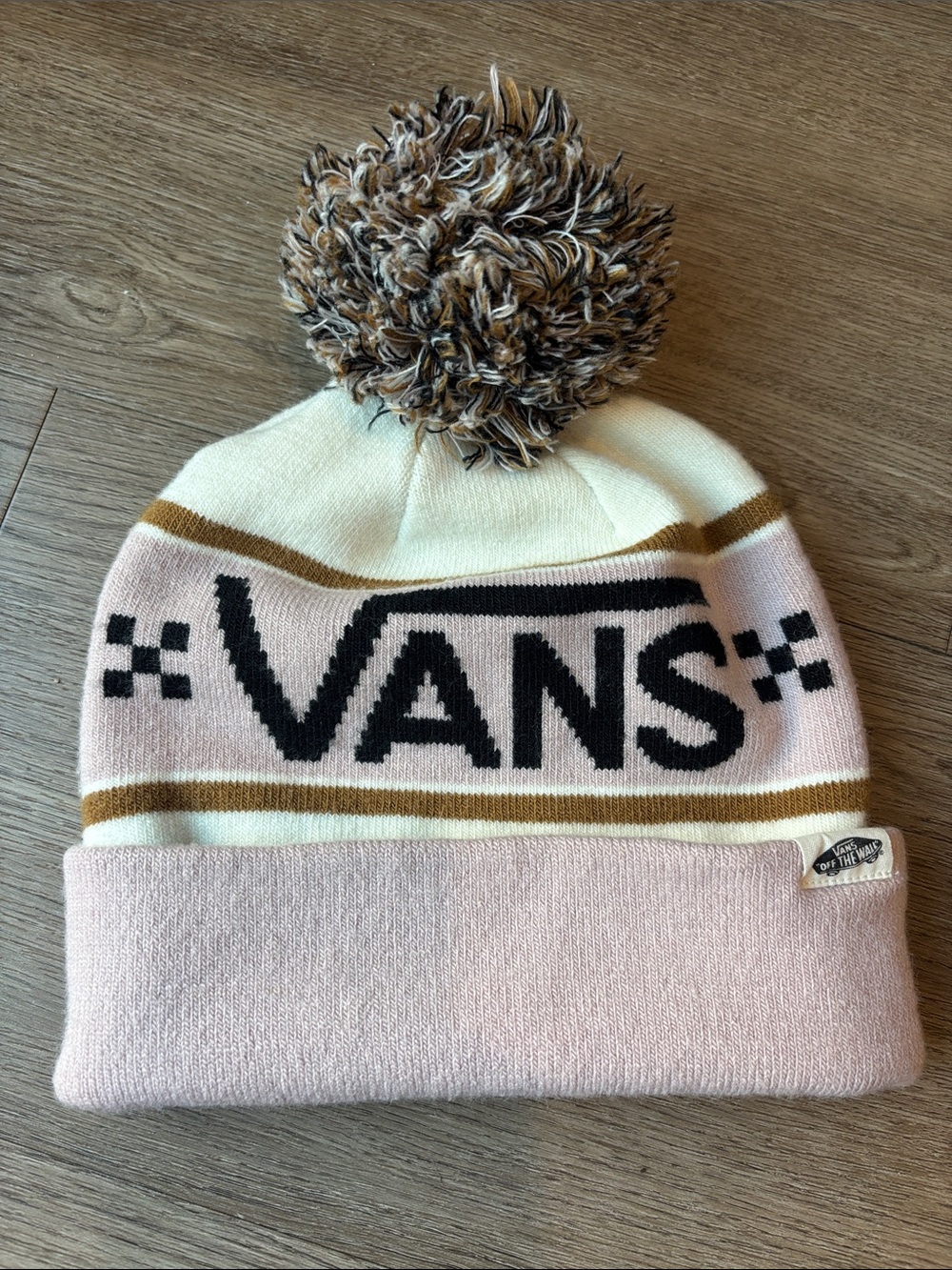 Vans Off the Wall cuffed Pom Beanie Stocking Cap Pink/white/tan checkered flag